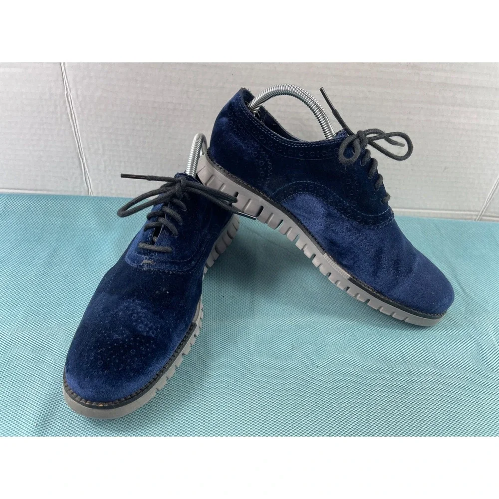 Cole Haan Grand OS Wingtip Oxford Men 7.5 M Dress Shoes Navy Blue Velvet Lace Up